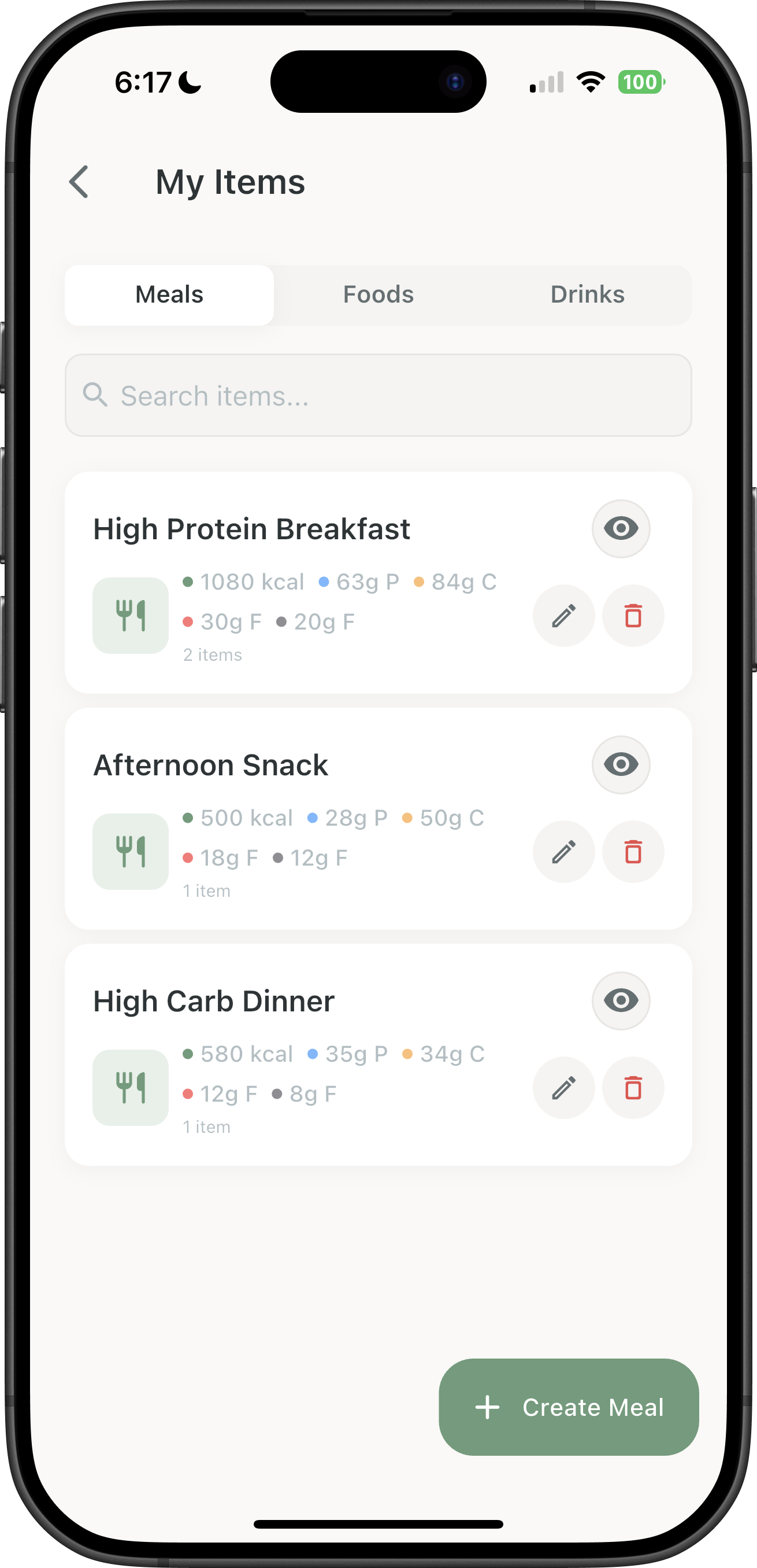 Daily intake and macro progress screenshot