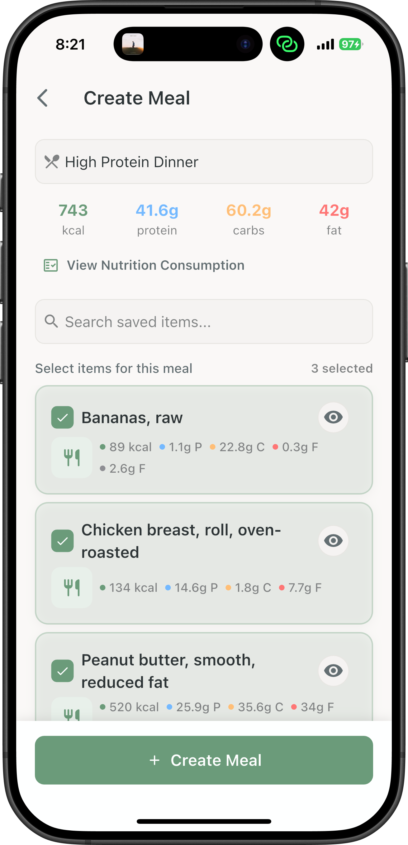 Create meals feature screenshot