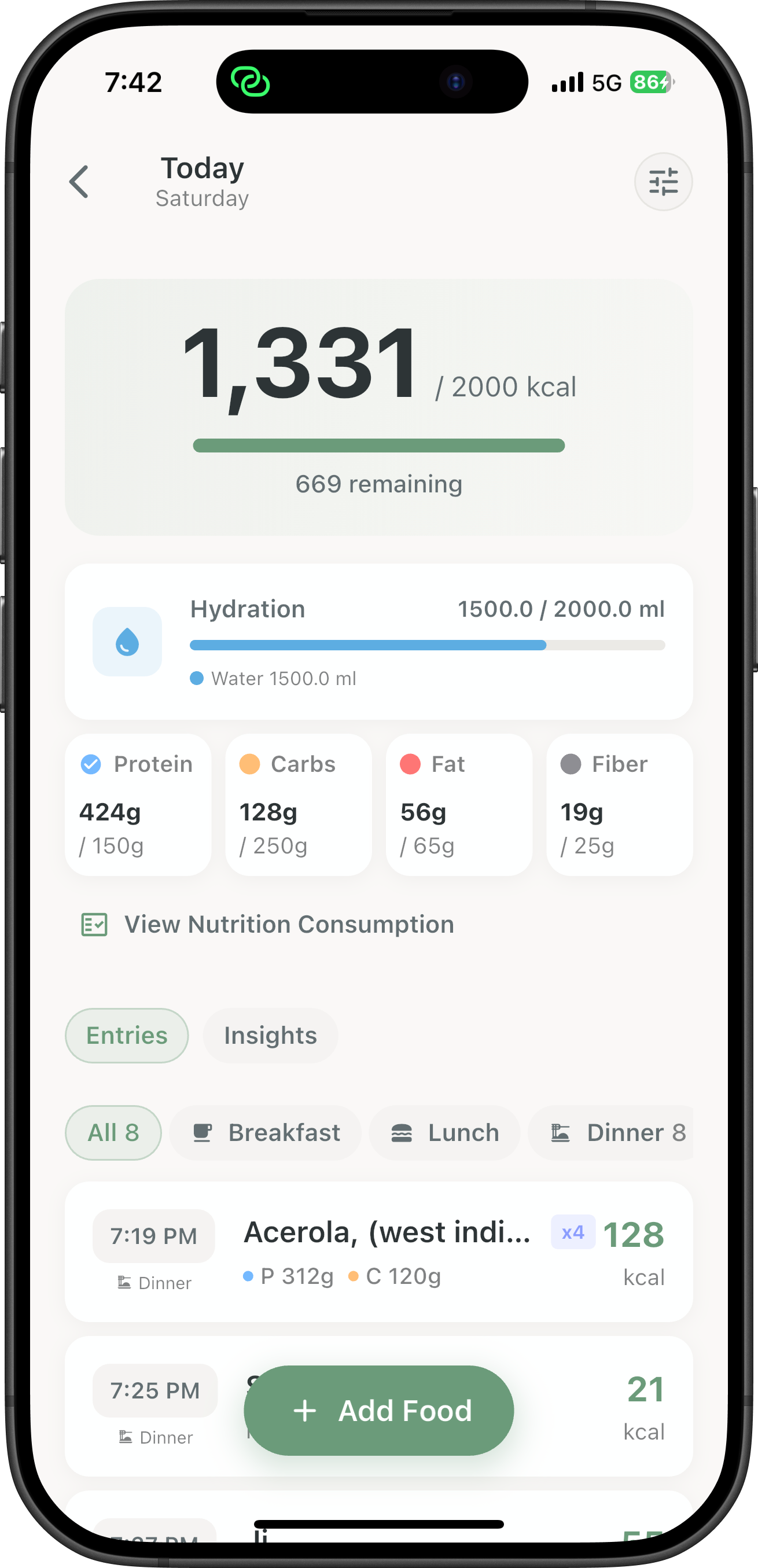 Daily progress overview showing calories, macros, and nutrition progress
