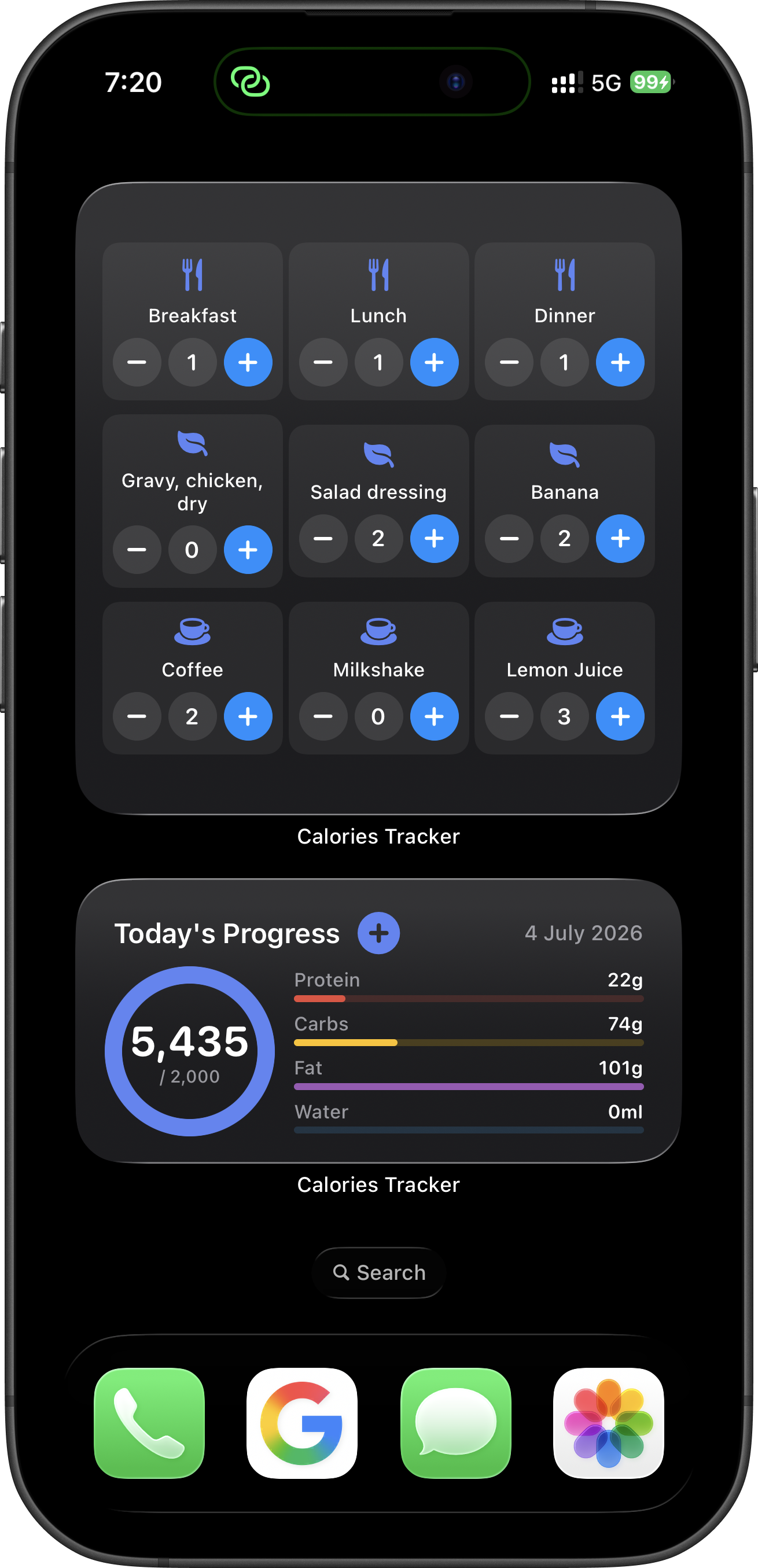 Daily intake and macro progress screenshot