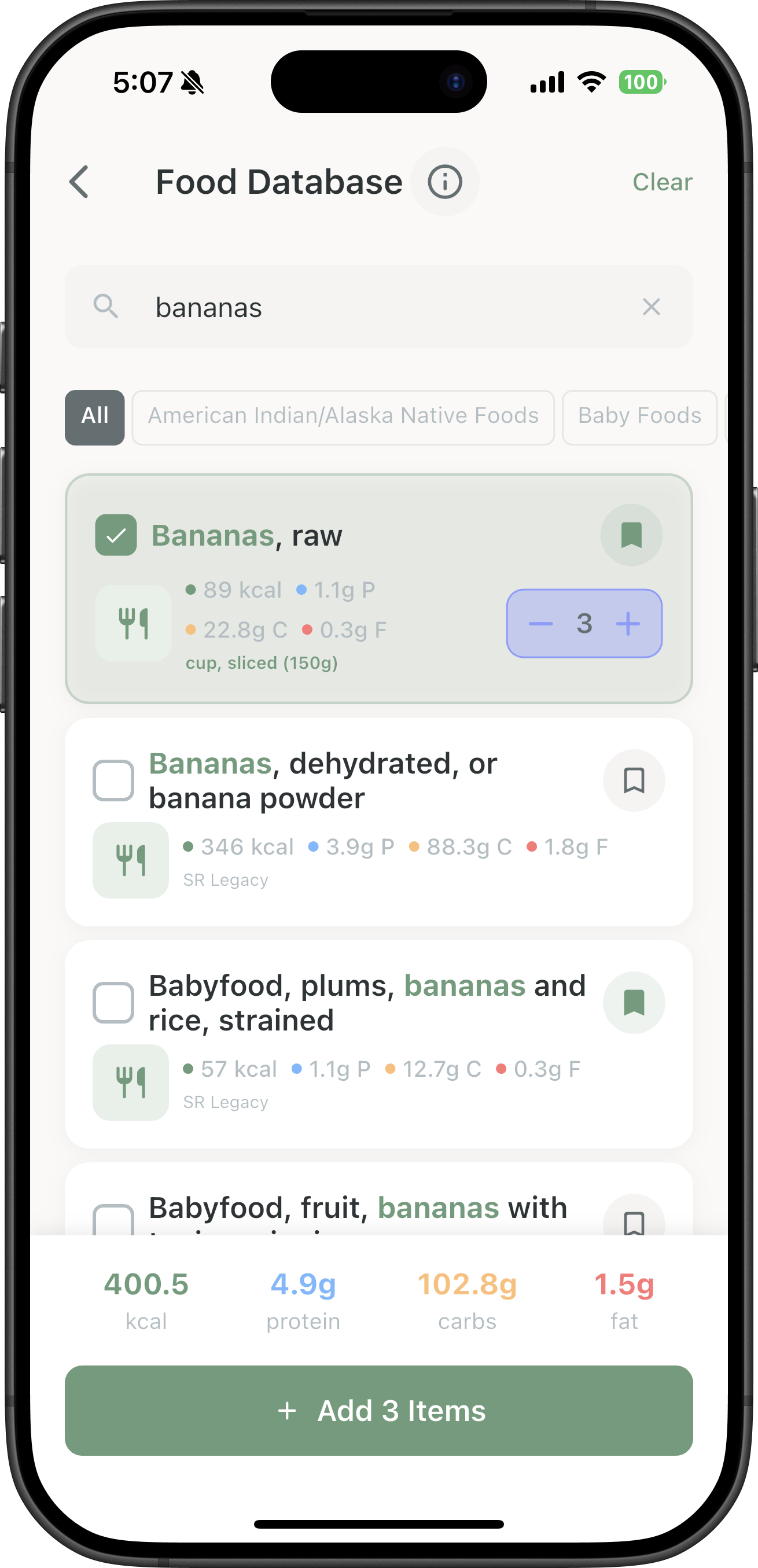 Daily intake and macro progress screenshot